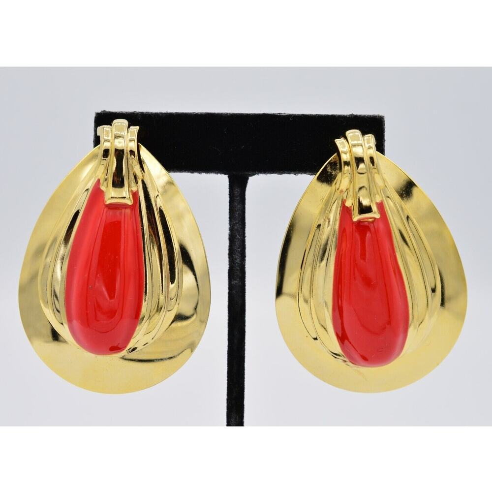 Vintage Statement Earrings Gold Metallic Red Enamel Chunky Metal 80s 1980s BinAA